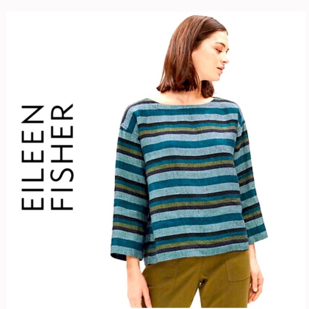 Eileen Fisher Teal Multi-Stripe Linen Top As seen on TV Size Large